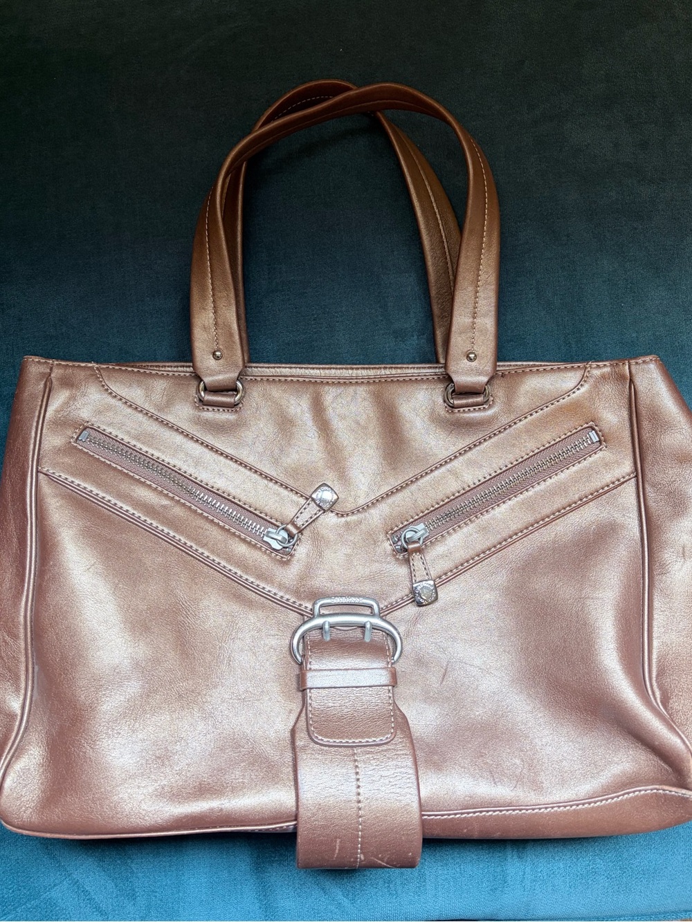 Women's Metallic Bronze Tote Bag with Buckle Accent - Cole Hawn